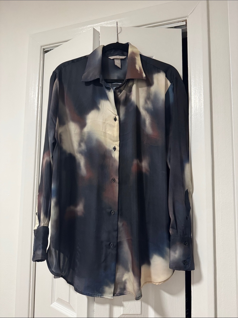 H&M Men's Abstract Button-Down Shirt - Black, Cream & Brown Accents